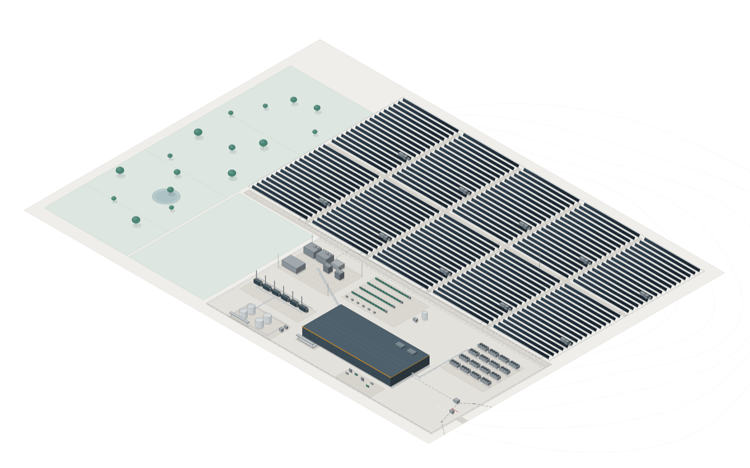 Isometric render of a hypothetical Allkira campus (Sunline): rows of solar panels beside a data hall, battery containers, a substation and a landscaped buffer with trees and a pond.